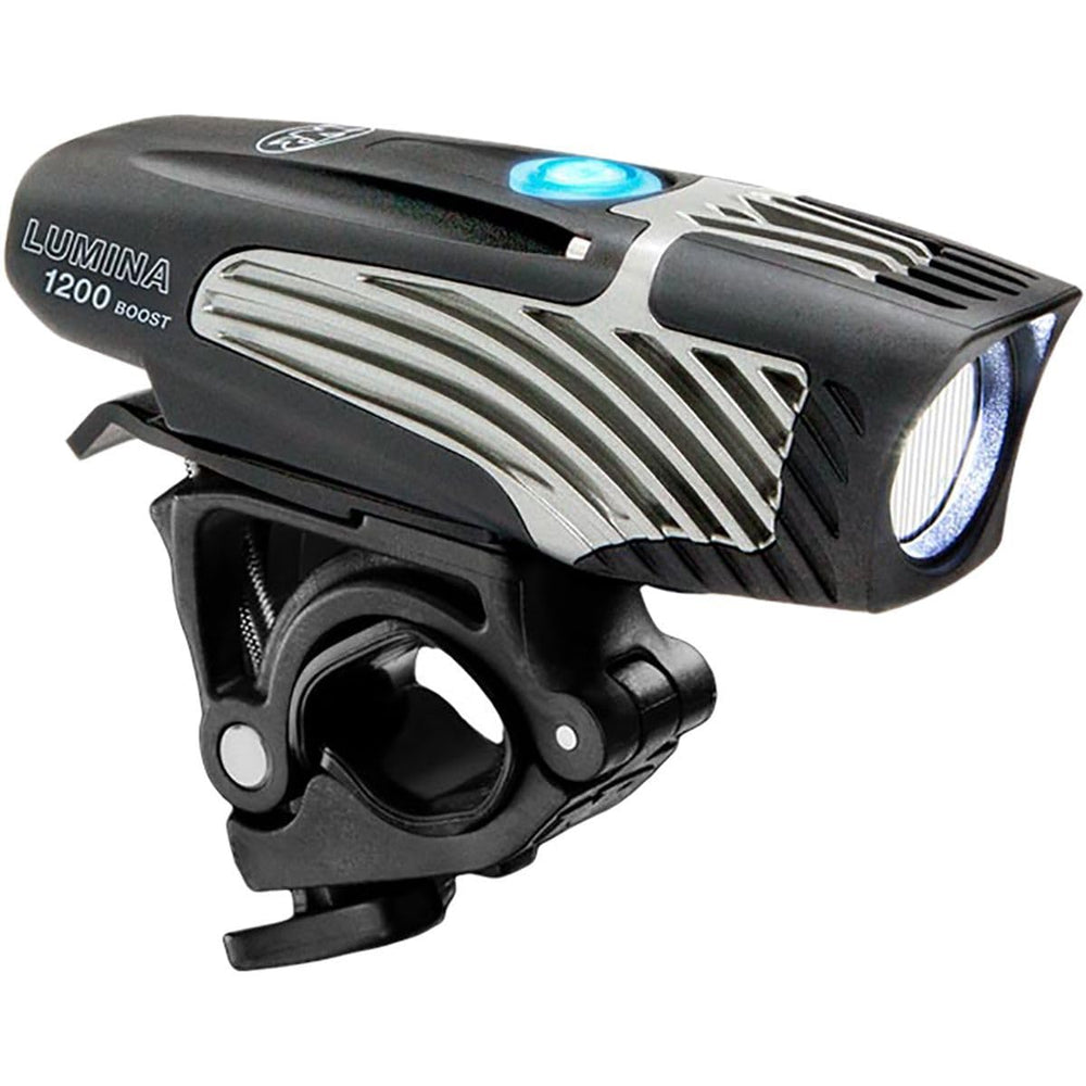 NiteRider Lumina Boost front light mounted on handlebars showing wide bright beam for trail visibility