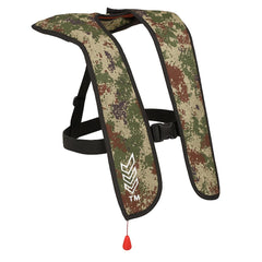 NLZGA front view of camo life jacket showing slim profile and comfort