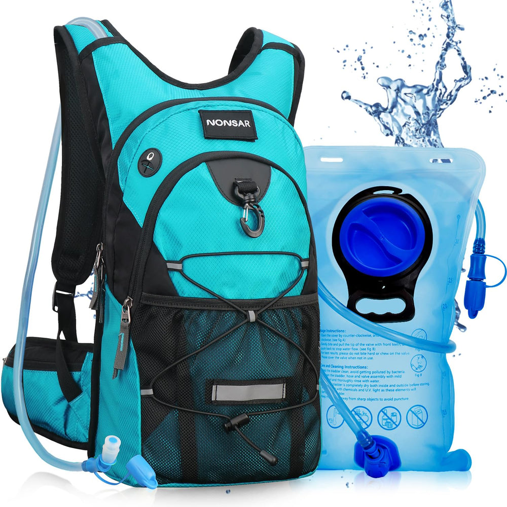 NONSAR front view of hydration backpack showing compact form and pockets for easy carry