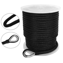 NovelBee front view of black 5/8 inch x 200 ft anchor rope showing compact coil and label, durable handling