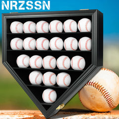 NRZSSN front view of 21-ball display case showing sleek black frame and clear acrylic protective cover