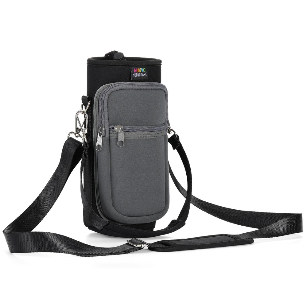 Nuovoware front view showing neoprene sleeve and zip pockets, protects bottle