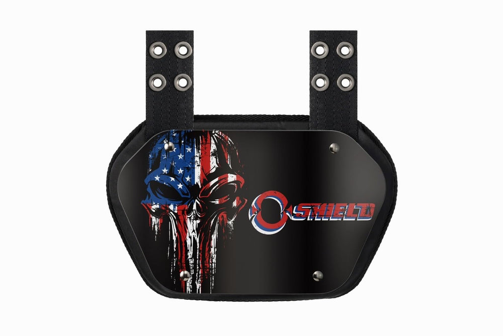 O SHIELD front view showing full back plate and game-day graphic for team identity
