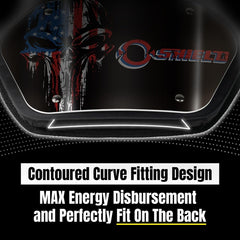 O SHIELD plate attached to shoulder pads demonstrating secure mount and coverage