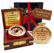 OakiWay compass front view showing polished brass and motivational quote benefit: daily inspiration