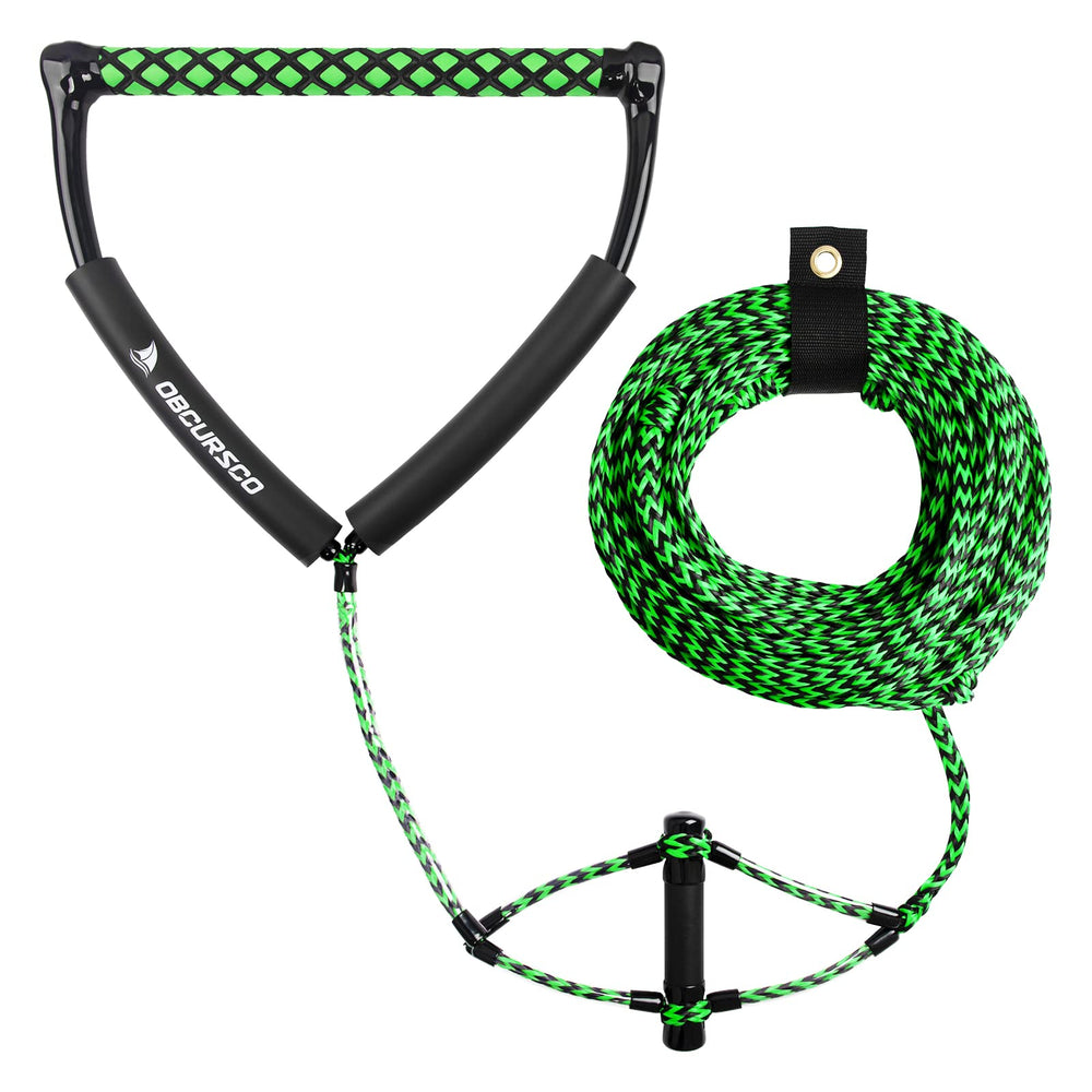 Obcursco front view of full 75ft wakeboard rope showing length and handle benefit grip