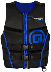O'Brien vest front view showing zip and belts for secure fit and mobility