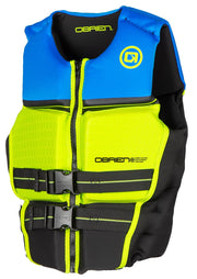 O'Brien front zip life jacket showing easy on/off and secure fit