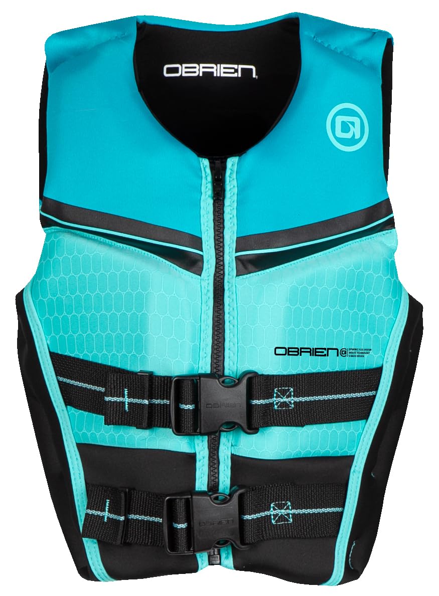 O'Brien youth flex V-back front view showing full zip and belts for quick secure fit