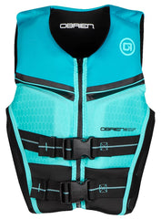 O'Brien youth flex V-back front view showing full zip and belts for quick secure fit