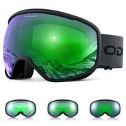 Odoland front view of goggles showing wide frameless lens and comfort benefits