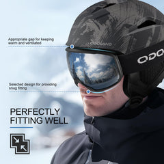 Person wearing Odoland helmet and goggles on slope showing secure performance benefit