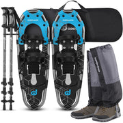 Odoland snowshoes front view showing frame and bindings, clear flotation benefit