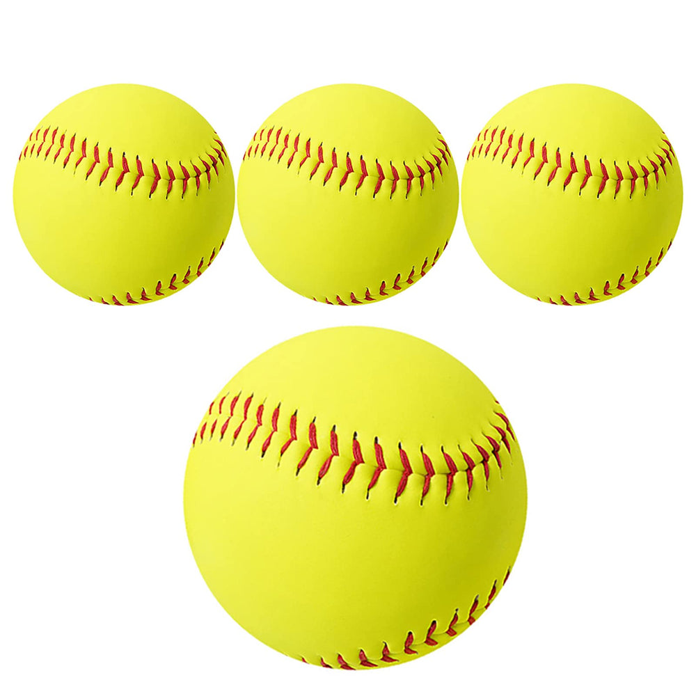 Oeab front view of four yellow practice softballs showing clean unbranded surface and visibility