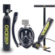 OIOEEP front view of mini scuba kit showing tank and sub-mask for portable underwater breathing