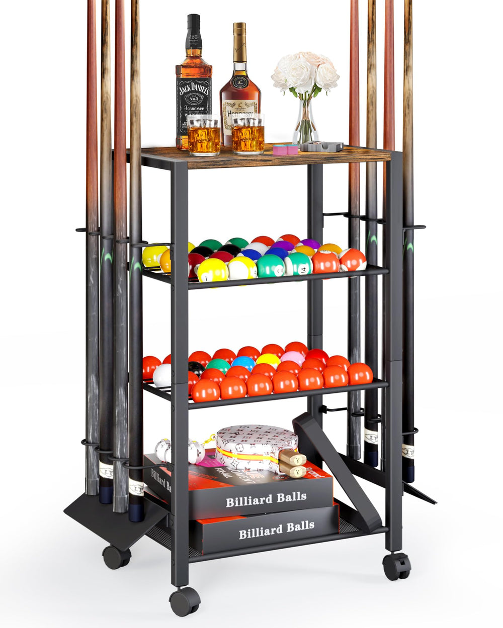 Olakee front view of 8-cue stand showing neat organization and easy access