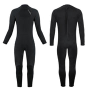 OMGear front view of black kids wetsuit showing full coverage and snug fit for warmth
