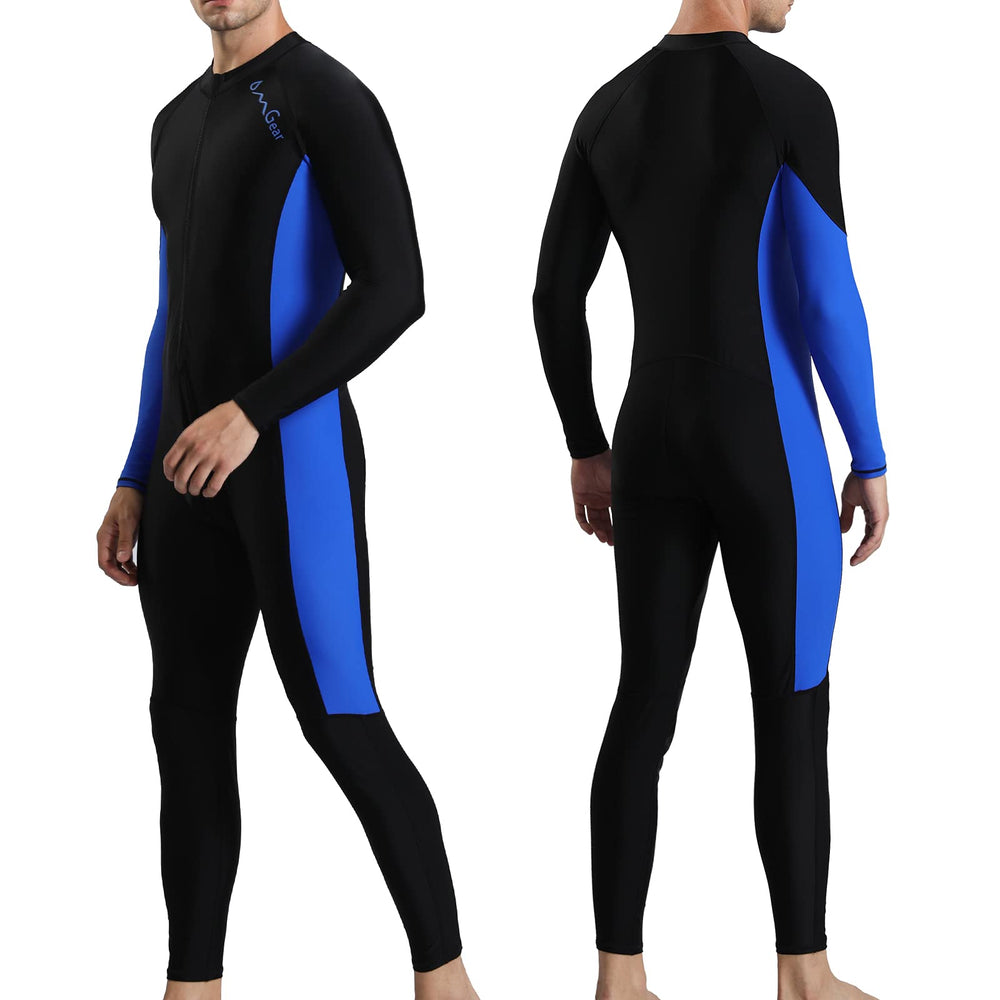 OMGear front view blue full-body rash guard showing fit and coverage for sun protection
