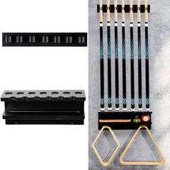 Onemacc front view of solid wood cue rack showing organized storage benefit