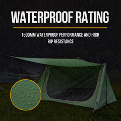 OneTigris closed A-frame in rain illustrating weather resistance and secure shelter