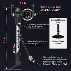 Optio Cycle pump attached to a mountain bike fork demonstrating use