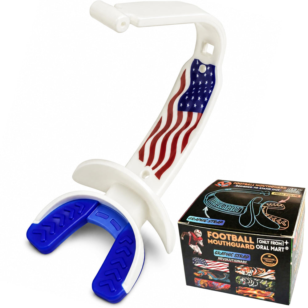 Oral Mart front view of USA flag mouthguard showing bold dual-color and instant-fit benefit