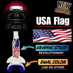 Oral Mart close-up of graphic strap with USA flag highlighting durable permanent design