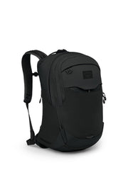 Osprey Metron front view in black showing sleek commuter-ready design and reflective details