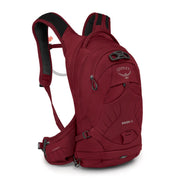 Osprey Raven front view in claret red showing compact bike-ready layout and quick access