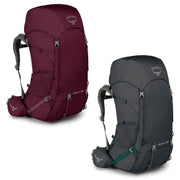 Osprey Renn 65L front view in cinder grey showing organized pockets and durable fabric benefit easy access