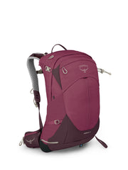 Osprey Sirrus 24L front view showing streamlined elderberry purple pack and organized pockets