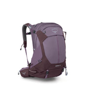 Osprey Sirrus 34L front view showing organized pockets and purple color