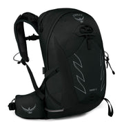 Osprey Tempest front view in Stealth Black showing pocket layout and LidLock for easy access