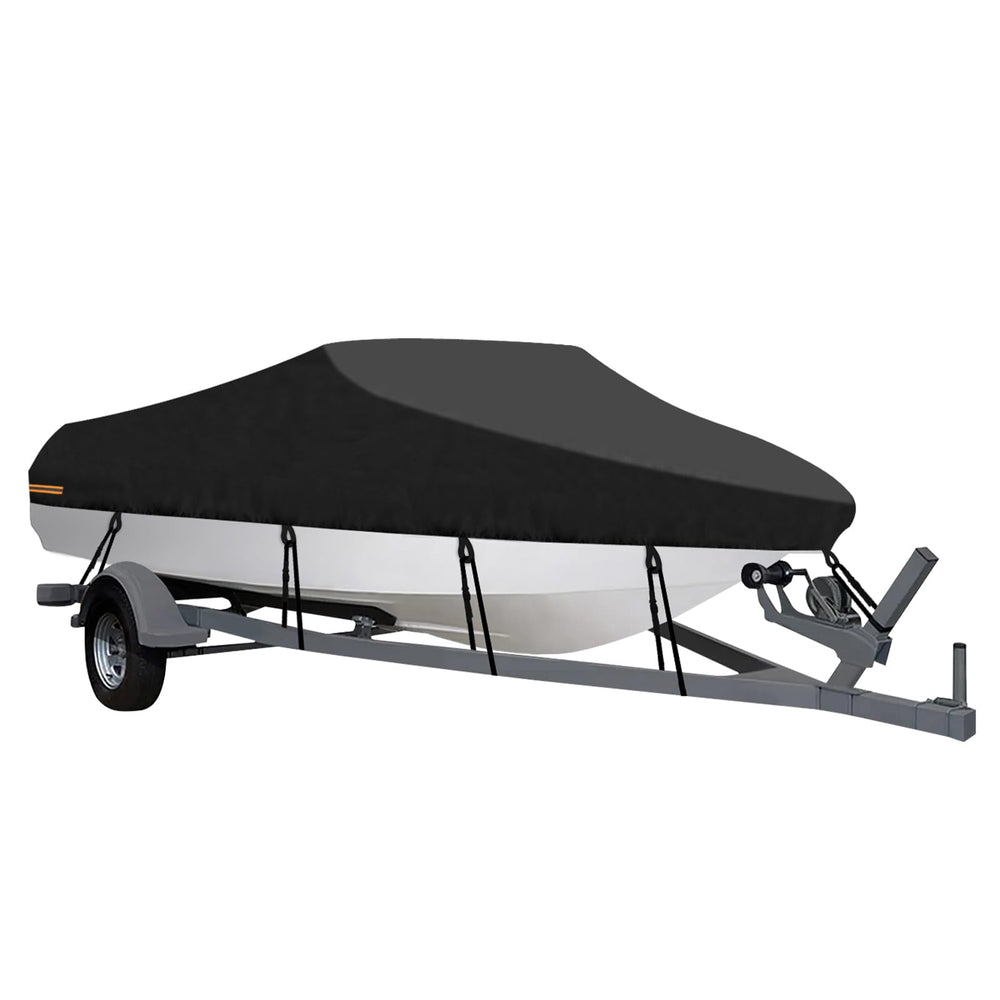 OutdoorLines front view of 14–16 ft black boat cover showing full protection and neat fit