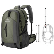 OutdoorMaster front view of 50L hiking backpack showing compartments and design benefit organization