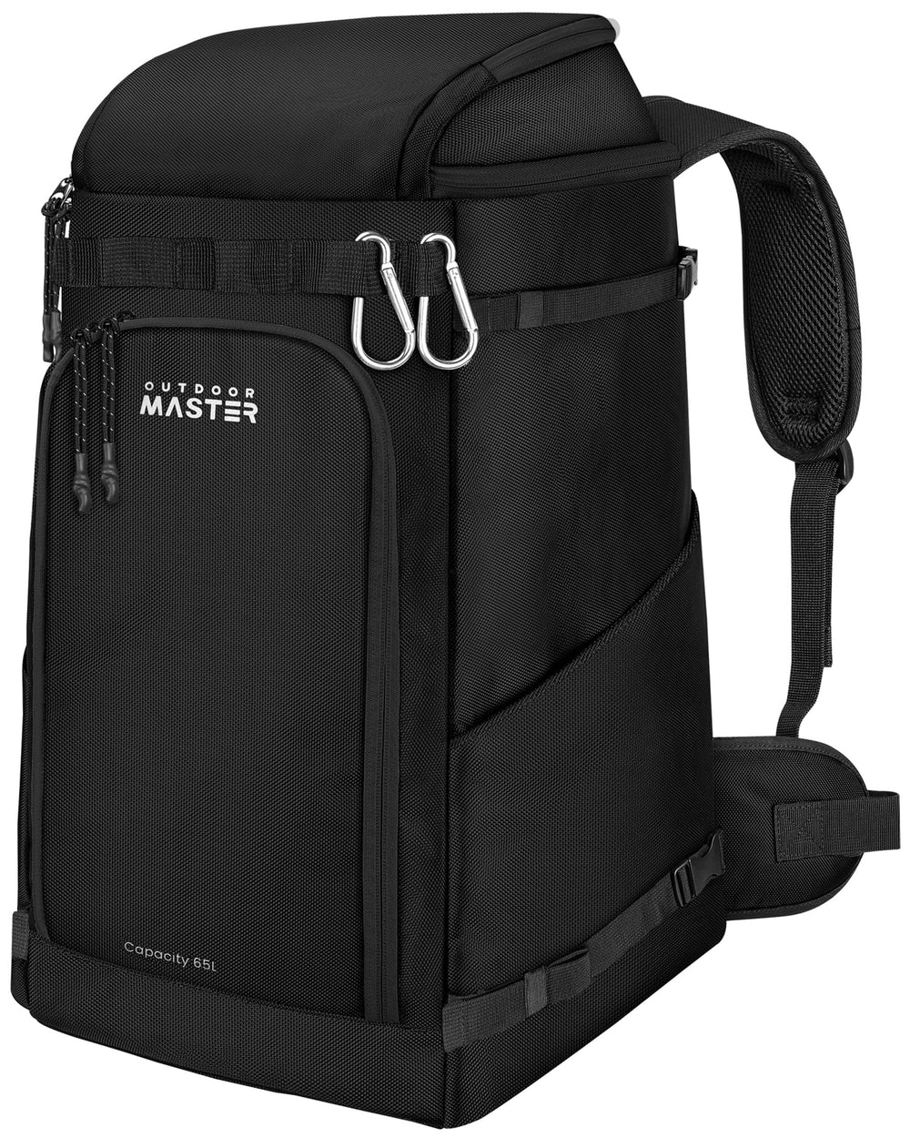 OutdoorMaster front view showing organized compartments and durable design benefit: easy packing