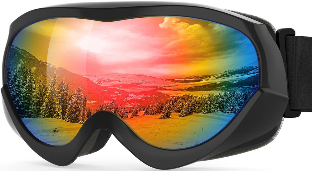 OutdoorMaster front view of kids ski goggles showing colorful frame and secure strap benefit