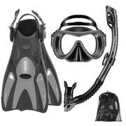 OutdoorMaster Mobula mask and fins front view showing complete set benefits