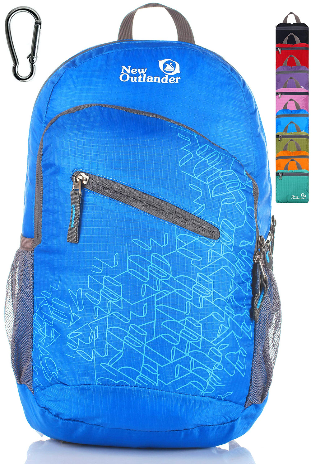 Outlander front view showing light blue pack and organized pockets for easy access