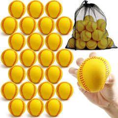 Outus front view of 24 yellow foam baseballs showing quantity and visibility benefit