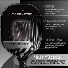 Close-up of Paddletek ICED carbon fiber texture highlighting durable spin-friendly surface