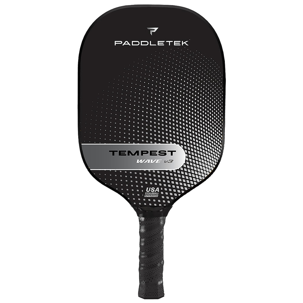 Paddletek Tempest Wave V3 front face showing ICED carbon fiber for increased spin and control