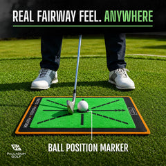 Palladium Golf mat in a garage practice space demonstrating stability and use
