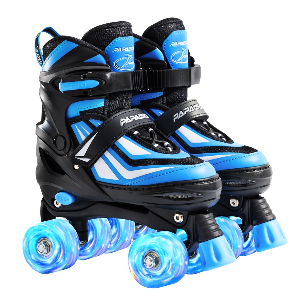 PAPAISON front view of adjustable skates showing easy entry and secure straps for comfort