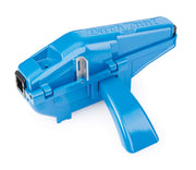 Park Tool CM-25 front view shows compact blue housing and clamp, offering tidy degreaser containment