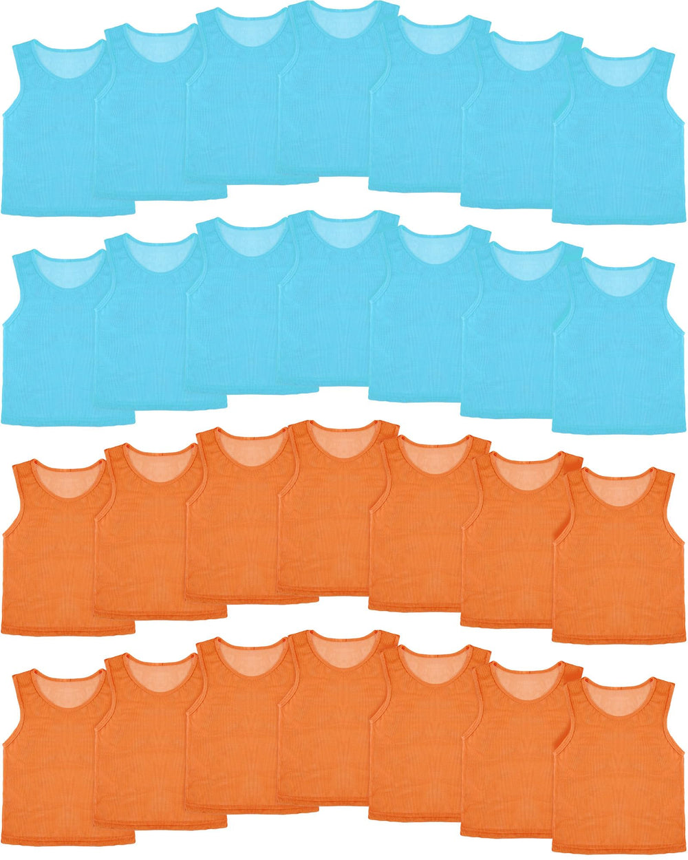 Pasimy front view of blue and orange pinnies set for easy team setup