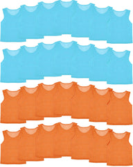 Pasimy front view of blue and orange pinnies set for easy team setup
