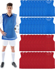 Pasimy front view of red and blue vests showing clear team differentiation