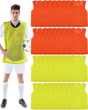 Pasimy front view of yellow and orange pinnies showing clear team colors and easy identification