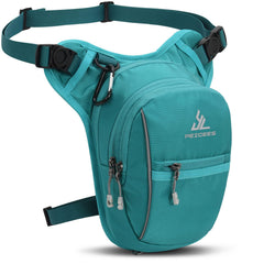 Peicees front view lake blue leg bag showing pocket layout and durable build benefit